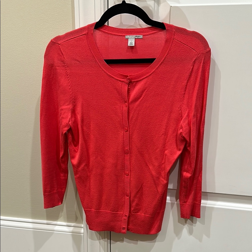Halogen Coral Red Cardigan Sweater with Ribbed Trim